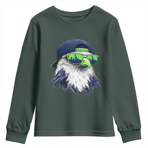 Vintage Hawk Graphic with Seattle Skyline Sunglasses Game Day Youth Sweatshirt TS11 Dark Forest Green Print Your Wear