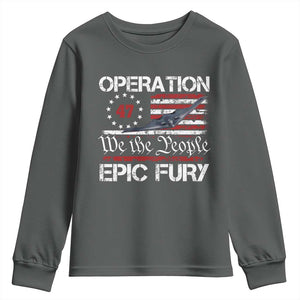 Operation Epic Fury Youth Sweatshirt Military Bomber Stealth Jet Vintage American Flag TS11 Dark Heather Print Your Wear