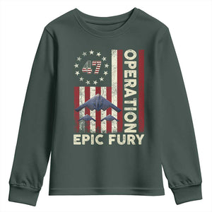 Operation Epic Fury Youth Sweatshirt Military Tactical Warfare Stealth Jet American Flag TS11 Dark Forest Green Print Your Wear