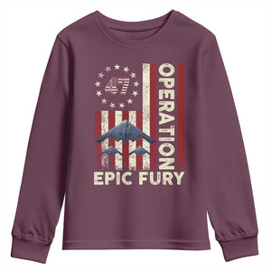 Operation Epic Fury Youth Sweatshirt Military Tactical Warfare Stealth Jet American Flag TS11 Maroon Print Your Wear