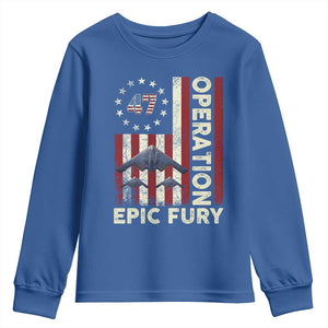 Operation Epic Fury Youth Sweatshirt Military Tactical Warfare Stealth Jet American Flag TS11 Royal Blue Print Your Wear