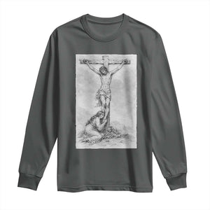Jesus and St Mary Magdalene At The Cross Long Sleeve Shirt Vintage Catholic Lent TS11 Dark Heather Print Your Wear