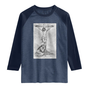 Jesus and St Mary Magdalene At The Cross Raglan Shirt Vintage Catholic Lent TS11 Heather Denim Navy Print Your Wear