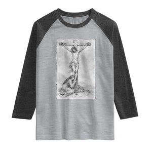 Jesus and St Mary Magdalene At The Cross Raglan Shirt Vintage Catholic Lent TS11 Heather Gray Heather Charcoal Print Your Wear