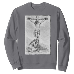 Jesus and St Mary Magdalene At The Cross Sweatshirt Vintage Catholic Lent TS11 Charcoal Print Your Wear