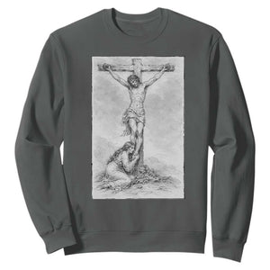 Jesus and St Mary Magdalene At The Cross Sweatshirt Vintage Catholic Lent TS11 Dark Heather Print Your Wear