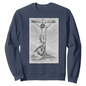 Jesus and St Mary Magdalene At The Cross Sweatshirt Vintage Catholic Lent TS11 Navy Print Your Wear