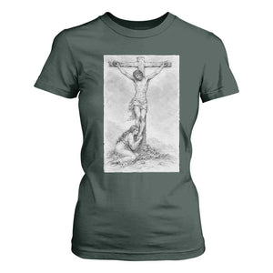 Jesus and St Mary Magdalene At The Cross T Shirt For Women Vintage Catholic Lent TS11 Dark Forest Green Print Your Wear