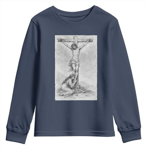 Jesus and St Mary Magdalene At The Cross Youth Sweatshirt Vintage Catholic Lent TS11 Navy Print Your Wear
