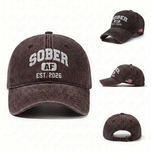 Sober AF 2026 AA Recovery Achiever Sobriety Anniversary Washed Cotton Baseball Cap TS11 Washed Cap Universal Fit Dark Brown Print Your Wear
