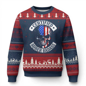 Certified Sober Badass Ugly Christmas Sweater Sobriety Alcohol Fighters Vintage Skull