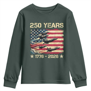 USA 250 Years 1776 2026 Patriotic Jets Trail American Flag Youth Sweatshirt TS11 Dark Forest Green Print Your Wear
