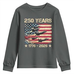 USA 250 Years 1776 2026 Patriotic Jets Trail American Flag Youth Sweatshirt TS11 Dark Heather Print Your Wear