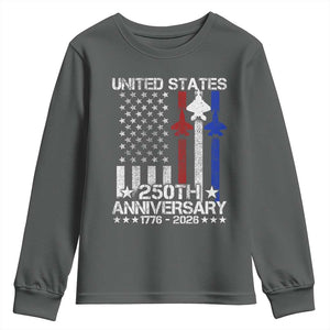 USA 250th Anniversary Youth Sweatshirt Vintage American Flag Jets Semiquincentennial TS11 Dark Heather Print Your Wear