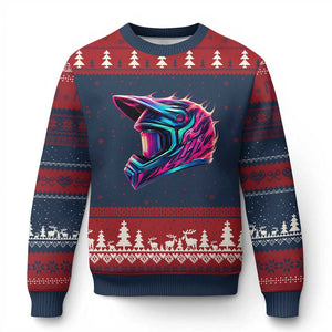 Motocross Helmet Neon Flame Graphic Dirt Bike Racing Ugly Christmas Sweater TS11 Navy Red Print Your Wear