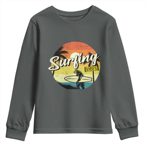 Surfing Lover Youth Sweatshirt Surfing Vibes Retro Vintage Summer Vacation TS11 Dark Heather Print Your Wear