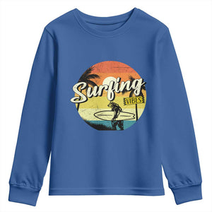 Surfing Lover Youth Sweatshirt Surfing Vibes Retro Vintage Summer Vacation TS11 Royal Blue Print Your Wear