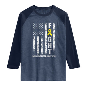 Fight Sarcoma Cancer Awareness Raglan Shirt Yellow Ribbon Vintage American Flag TS11 Heather Denim Navy Print Your Wear