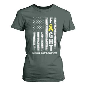 Fight Sarcoma Cancer Awareness T Shirt For Women Yellow Ribbon Vintage American Flag TS11 Dark Forest Green Print Your Wear
