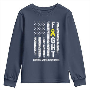 Fight Sarcoma Cancer Awareness Youth Sweatshirt Yellow Ribbon Vintage American Flag TS11 Navy Print Your Wear