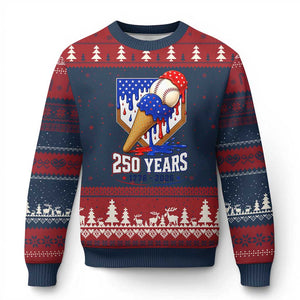 250 Years Baseball Ice Cream Drip 4th of July USA Flag Ugly Christmas Sweater