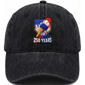 250 Years Baseball Ice Cream Drip 4th of July USA Flag Washed Cotton Baseball Cap