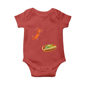 Funny Chicago Style Hot Dog Sausage Jumping Into Bun BBQ Baby Onesie