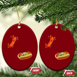 Funny Chicago Style Hot Dog Sausage Jumping Into Bun BBQ Ceramic Ornament