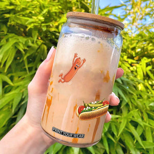 Funny Chicago Style Hot Dog Sausage Jumping Into Bun BBQ Glass Can