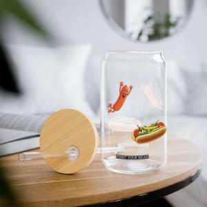 Funny Chicago Style Hot Dog Sausage Jumping Into Bun BBQ Glass Can
