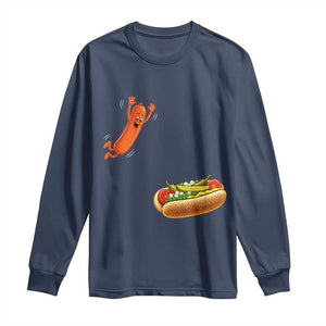 Funny Chicago Style Hot Dog Sausage Jumping Into Bun BBQ Long Sleeve Shirt