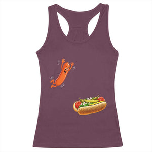 Funny Chicago Style Hot Dog Sausage Jumping Into Bun BBQ Racerback Tank Top