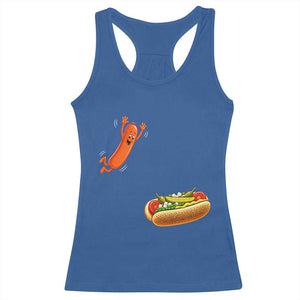 Funny Chicago Style Hot Dog Sausage Jumping Into Bun BBQ Racerback Tank Top
