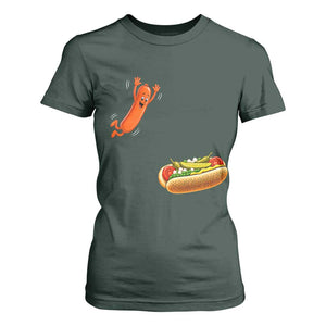 Funny Chicago Style Hot Dog Sausage Jumping Into Bun BBQ T Shirt For Women