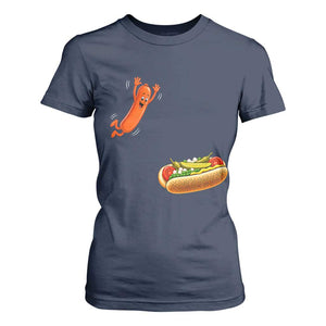 Funny Chicago Style Hot Dog Sausage Jumping Into Bun BBQ T Shirt For Women