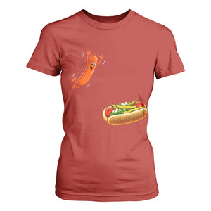 Funny Chicago Style Hot Dog Sausage Jumping Into Bun BBQ T Shirt For Women