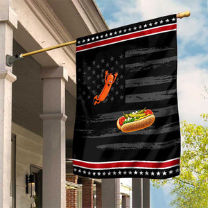 Funny Chicago Style Hot Dog Sausage Jumping Into Bun BBQ Patriotic Garden Flag