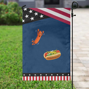 Funny Chicago Style Hot Dog Sausage Jumping Into Bun BBQ Patriotic Garden Flag