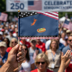 Funny Chicago Style Hot Dog Sausage Jumping Into Bun BBQ Patriotic Handheld Flag