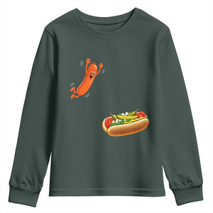 Funny Chicago Style Hot Dog Sausage Jumping Into Bun BBQ Youth Sweatshirt