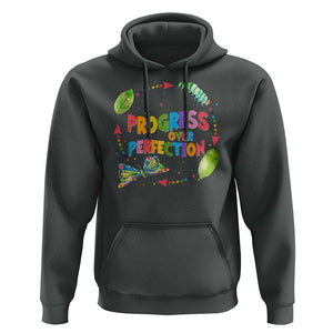 Progress Over Perfection Hoodie Caterpillar Back To School TS11 Dark Heather Print Your Wear