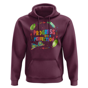 Progress Over Perfection Hoodie Caterpillar Back To School TS11 Maroon Print Your Wear