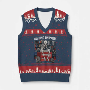 Waiting On Parts Funny Mechanic V-Neck Knit Sweater Vest Funny Skeleton Auto Repair Life