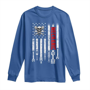 Mechanic American Flag Vintage Skull Auto Repair Handyman Long Sleeve Shirt