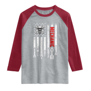 Mechanic American Flag Vintage Skull Auto Repair Handyman Raglan Shirt