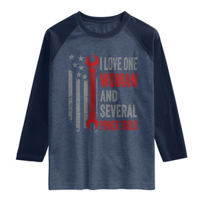 I Love One Woman And Several Power Tools Raglan Shirt Funny Mechanic Handyman Carpenter TS11 Heather Denim Navy Print Your Wear