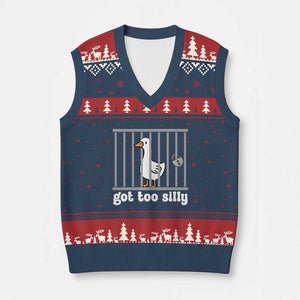 Funny Got Too Silly V-Neck Knit Sweater Vest Goose Pun Humor Animal Lovers TS11 Navy Red Print Your Wear