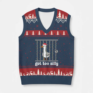 Funny Got Too Silly Xmas V-Neck Knit Sweater Vest Santa Goose Pun Humor Animal Lovers TS11 Navy Red Print Your Wear