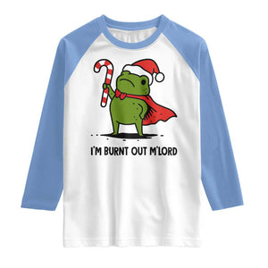 Funny Christmas Frog Knight Raglan Shirt I Am Burnt Out M Lord Medieval Meme Candy Cane TS11 White Carolina Blue Print Your Wear
