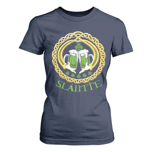 Funny Irish Beer Drinking St Patrick's Day Slainte T Shirt For Women Claddagh Ring Celtic Shamrock TS11 Navy Print Your Wear